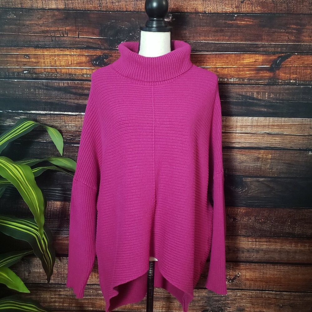 Cyrus Knits Poncho Style Turtleneck Sweater Fuchsia XL Ribbed
